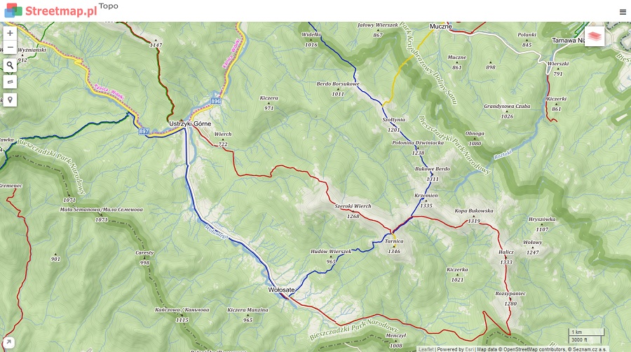 Szlaki w Bieszczadach - mapa