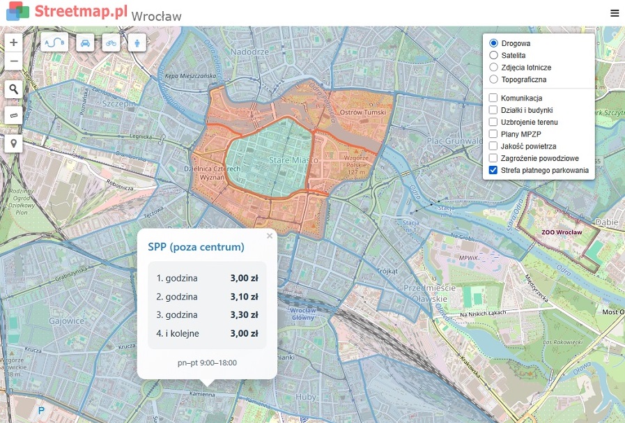 Strefy płatnego parkowania we Wrocławiu na mapie Streetmap.pl